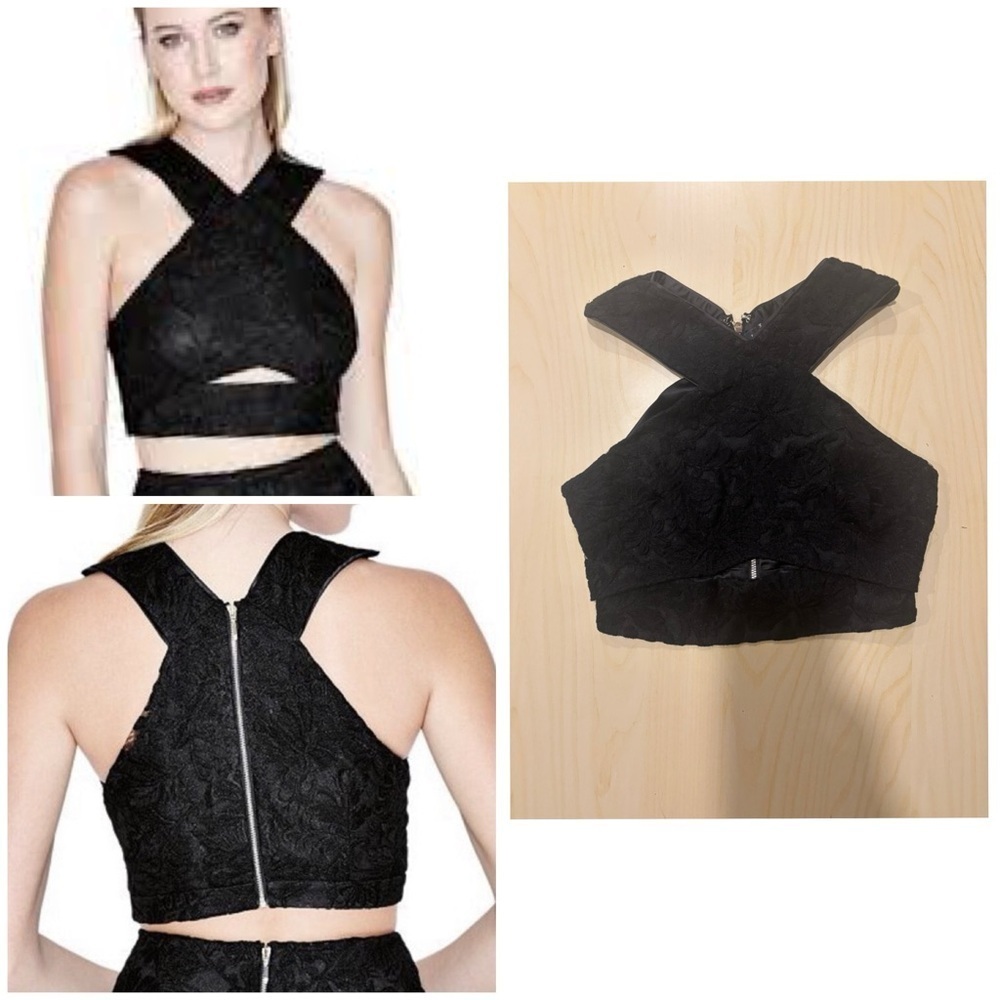 Marciano Black Floral Embroidered Halter Crop Top (Size 0) Satin Lined Zip Back